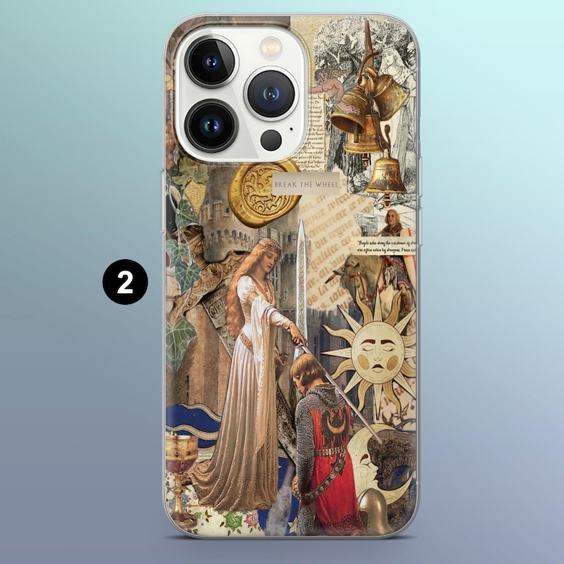 May include: A phone case featuring a collage of vintage illustrations. The design includes a woman in a long dress, a knight, a sun, and the text "BREAK THE WHEEL". The case has a light blue background and the number "2".