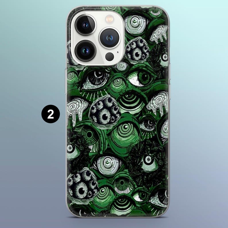 Op de afbeelding: Een telefoonhoesje met een groene achtergrond en een herhalend patroon van gestileerde ogen in wit en zwart. De hoes heeft een transparante rand en een camera-uitsparing.