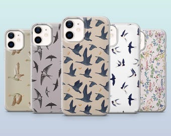 May include: Five different phone cases with various bird designs. The cases are clear and show the phone's camera lens. The designs include a pattern of geese, a pattern of swallows, a pattern of floral designs, a pattern of birds on a light brown background, and a pattern of birds on a light gray background.