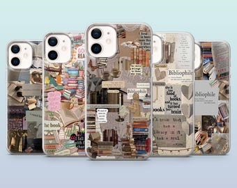 Funda para teléfono con diseño de biblioteca y collage de libros para iPhone 16, 15, 14, 13 y 12, Samsung S25, S24, S23FE, S22, A16, A26, A56, Pixel 9Pro, 8A y 7