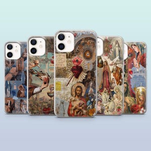 May include: A collection of five phone cases with religious-themed designs. Each case features a different collage of vintage religious imagery, including paintings of Jesus, Mary, and other religious figures. The cases have a clear, protective design.