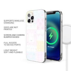 May include: A phone case with a patchwork design in pastel colors, featuring a bunny and bows. The case is shown with a phone displaying a charging screen. Text on the case reads: Supports Wireless Charging, Sides Are Not Printed, Screen and Camera Bumper Raised, Full Access to Device Ports, Light Weight Soft and Flexible.