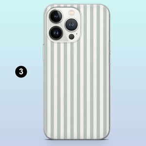 May include: A clear phone case with a white and light gray striped pattern. The case is designed for a smartphone with a triple camera system.