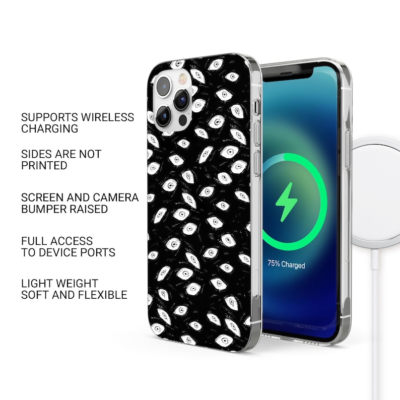 Op de afbeelding: Een zwarte telefoonhoes met een herhaald patroon van witte ogen. De telefoonhoes wordt getoond naast een telefoon met een oplaadscherm. De tekst op de hoes luidt: Ondersteunt draadloos opladen, Zijkanten zijn niet bedrukt, Scherm- en camerabumper verhoogd, Volledige toegang tot apparaatpoorten, Lichtgewicht, zacht en flexibel.