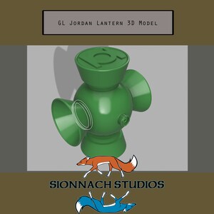 May include: A green plastic 3D printed model of a Green Lantern power battery. The battery has a green ring symbol on the top and a green ring around the middle. The text "GL JORDAN LANTERN 3D MODEL" is at the top of the image.