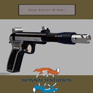 Può includere: Un modello 3D di un blaster Holdo, un'arma immaginaria dell'universo di Star Wars. Il modello è nero e argento con una canna testurizzata e un'impugnatura nera. L'immagine include il testo "Holdo Blaster 3D Model" e "Sionnach Studios".