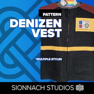 May include: Black vest with yellow stripes and a small rectangular patch. The text "DENIZEN VEST" is displayed in large white letters. The word "PATTERN" is above the text, and "*MULTIPLE STYLES" is below it. The brand name "SIONNACH STUDIOS" is at the bottom.