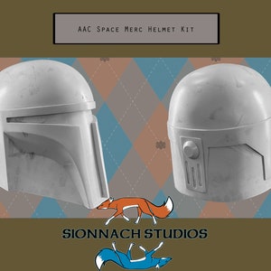 May include: A white plastic Mandalorian helmet kit for cosplay. The helmet is shown in two different views, one from the side and one from the front. The text "AAC SPACE MERC HELMET KIT" is at the top of the image. The text "SIONNACH STUDIOS" is at the bottom of the image.
