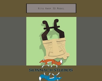May include: A 3D printed model of a Rito Harp from The Legend of Zelda: Breath of the Wild. The harp is made of brown wood and has a beige, carved face. The text "Rito Harp 3D Model" is at the top of the image. The text "Sionnach Studios" is at the bottom of the image.