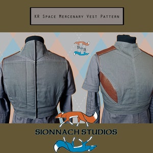 May include: A grey vest with brown leather accents. The vest has a high collar and a zip closure. The text "KR SPACE MERCENARY VEST PATTERN" is printed at the top of the image. The text "SIONNACH STUDIOS" is printed at the bottom of the image.
