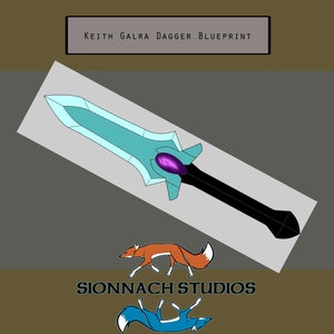 Könnte beinhalten: Ein Blaupausenentwurf eines blauen und schwarzen Dolches mit einem violetten Edelstein in der Mitte. Der Text "KEITH GALRA DAGGER BLUEPRINT" befindet sich oben im Bild. Das Bild stammt von Sionnach Studios.