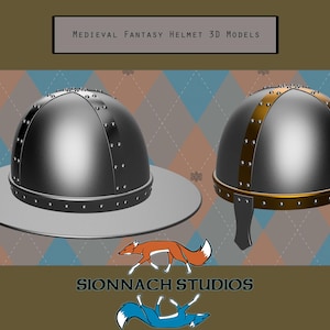 May include: Two 3D models of medieval fantasy helmets. One helmet is silver with rivets and a wide brim. The other helmet is silver with gold trim and a neck guard. The text "Medieval Fantasy Helmet 3D Models" is at the top.
