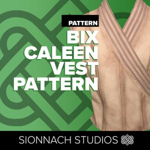 以下が含まれることがあります： 白字で「BIX CALEEN VEST PATTERN」と書かれたベージュ色のベストのパターン。上部には黒い長方形に「PATTERN」の文字。背景は幾何学模様の緑色。下部には「SIONNACH STUDIOS」の文字。
