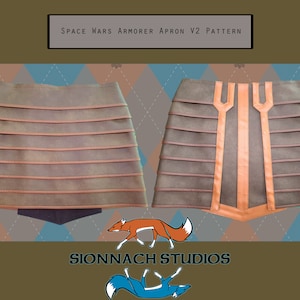 Könnte beinhalten: Zwei braune Lederröcke mit braunem Besatz. Der Rock links hat horizontalen Besatz. Der Rock rechts hat vertikalen Besatz. Der Text "SPACE WARS ARMORER APRON V2 PATTERN" befindet sich oben im Bild. Der Text "SIONNACH STUDIOS" befindet sich unten im Bild.