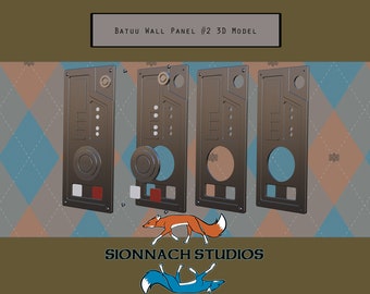 May include: Three 3D printed metal wall panels with various shapes and textures. The panels have a silver finish and are arranged in a row. The panels are labeled "BATUU WALL PANEL #2 3D MODEL".