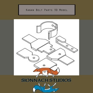 Può includere: Vista isometrica di Kanan Belt Parts 3D Model, con vari componenti metallici. L'immagine include un pezzo curvo, piastre rettangolari e altre forme geometriche, il tutto reso in uno stile tecnico. Il testo "Sionnach Studios" e un logo di volpe sono presenti.