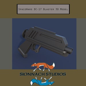 May include: A 3D model of a black DC-17 blaster pistol from the SpaceWars franchise. The blaster is angled slightly to the right and has a futuristic design.