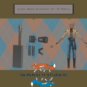 Puede incluir: Un modelo 3D de un personaje que lleva una chaqueta amarilla, pantalones azules y un cinturón con una funda. El personaje está de pie sobre un fondo a cuadros. La imagen también incluye un modelo 3D de una pequeña torre, un modelo 3D de una pequeña caja y el texto "OLDER OMEGA ACCESSORY SET 3D MODELS" y "SIONNACH STUDIOS".