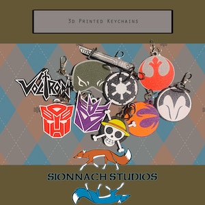 May include: A collection of 3D printed keychains featuring various characters and logos, including Voltron, Transformers, Star Wars, and One Piece. The keychains are made of a durable plastic material and come in a variety of colours. The keychains are displayed on a patterned background with the text "3D PRINTED KEYCHAINS" and "SIONNACH STUDIOS".