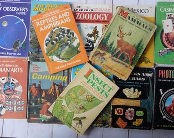 May include: A collection of vintage Golden Guide books, featuring titles like "Reptiles and Amphibians," "Mammals," and "Insect Pests." The books have colorful covers with illustrations of animals, plants, and landscapes. The books are arranged on a light-colored surface.