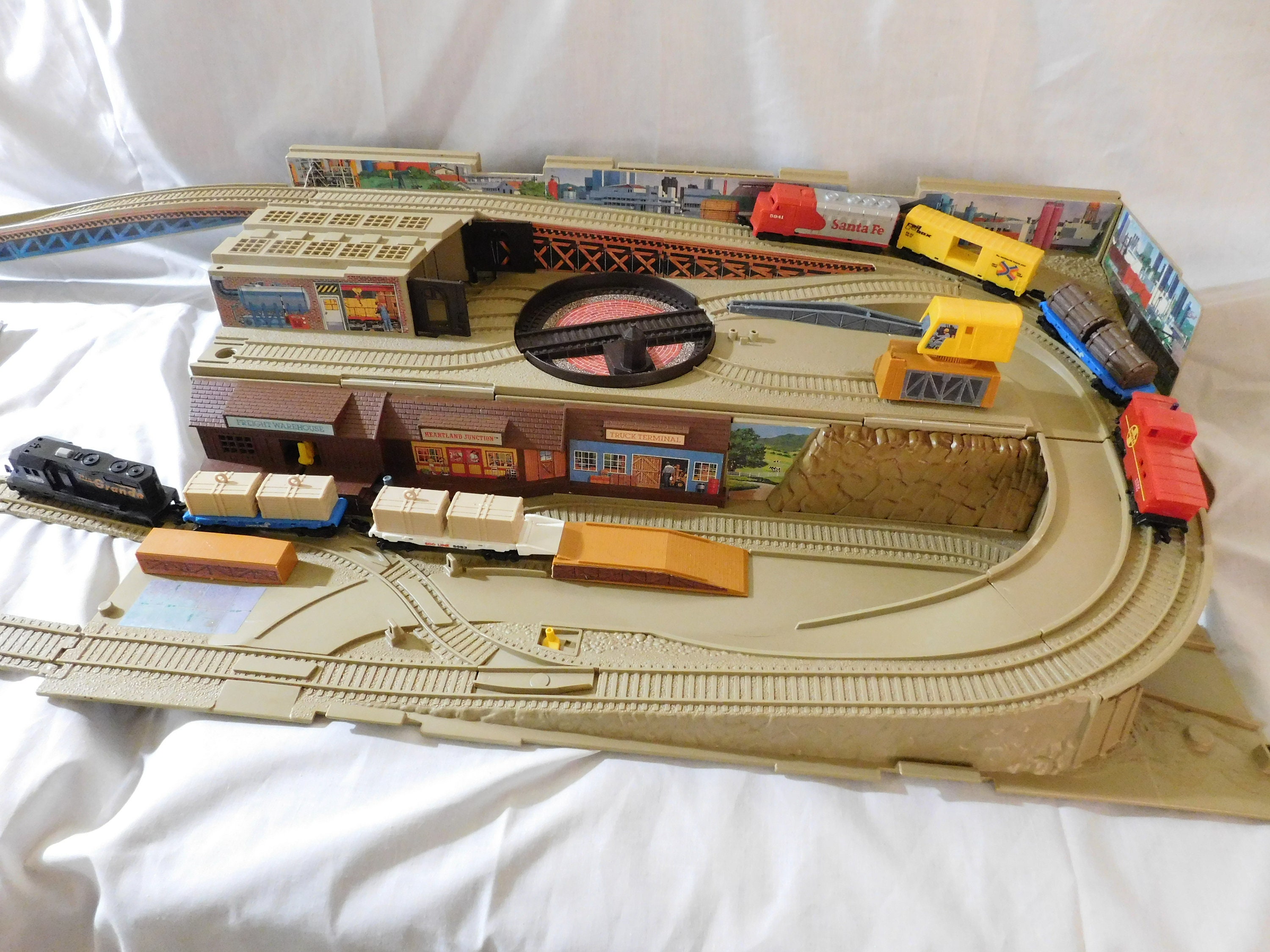 1983 Railroad Freight Yard, Mattel Hot Wheels, Sto And Go Set with trains