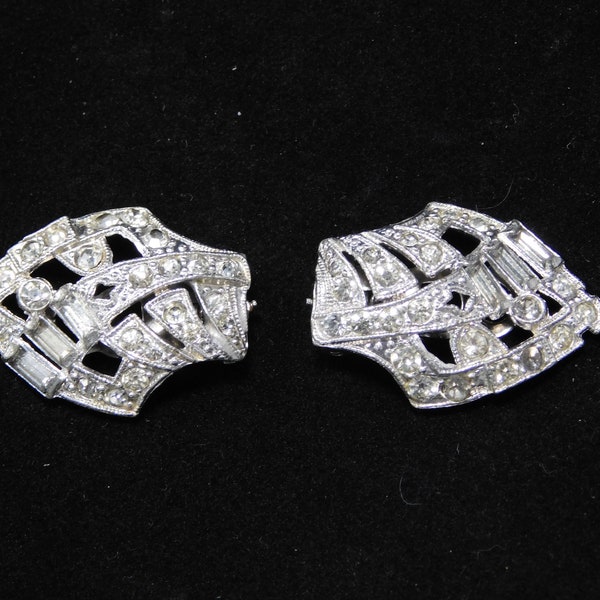 1930s Rhinestone Dress Clips, Art Deco,  Pat 1852188 by Elisha A Phinney, Missing Stone