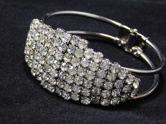 1960s Clamper Bracelet, Silver Tone with Rhinesto… - image 1