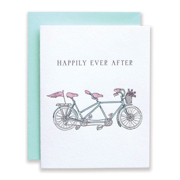 Happily Ever After Letterpress Card | Tandem Bicycle Card | Wedding Congratulations Card | Anniversary Greeting Card