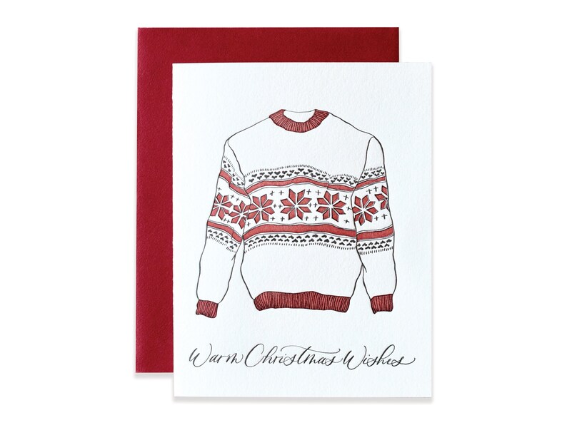 Christmas Sweater Letterpress Card Warm Christmas Wishes Greeting Card image 1