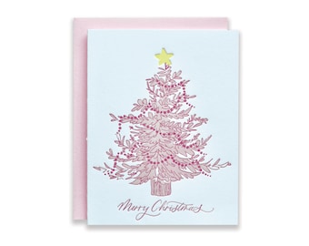 Pink Christmas Tree Letterpress Christmas Card