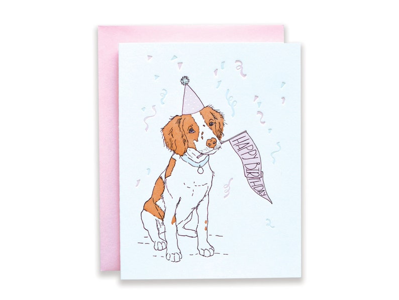 Letterpress Puppy Birthday Card Brittany Spaniel Confetti Greeting Card Dog Lovers Card image 1