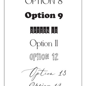 May include: A graphic showing different font styles for the word "Option" with the numbers 8 through 14.