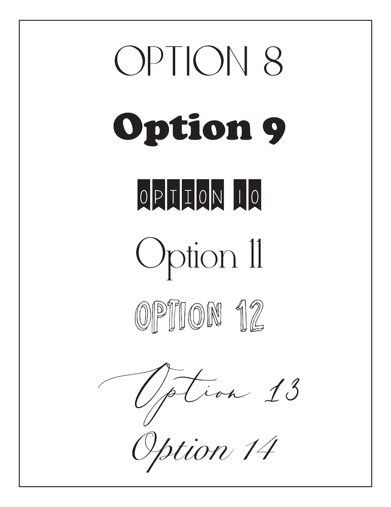 May include: A graphic showing different font styles for the word "Option" with the numbers 8 through 14.