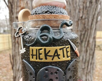 Hekate dry herb jar/ stash jar/ herb jar/ quartz/ triple moon goddess/ keeper of the keys/ gift/ altar/ apothecary jar