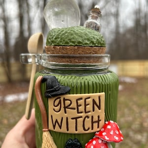 Green witch apothecary jar/ herb jar/ gift/ altar/ metaphysical/ spiritual/ witchy / quartz