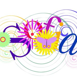 May include: Colorful illustration of the word "Sofia" with a butterfly and flowers. The letters are in a whimsical font and are surrounded by swirling circles.