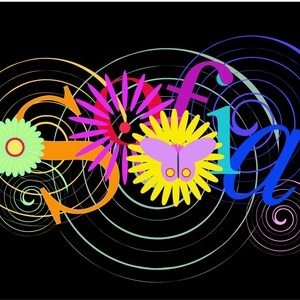 May include: Colorful graphic design with the word "Sofia" in a stylized font. The letters are surrounded by swirling lines and colorful flowers with a butterfly in the center.