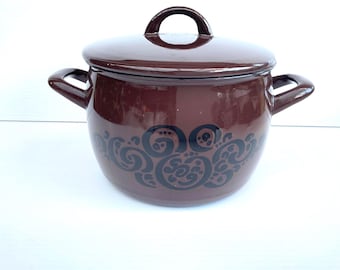Arabia Finel brown enamel lidded saucepan Orient design Finland