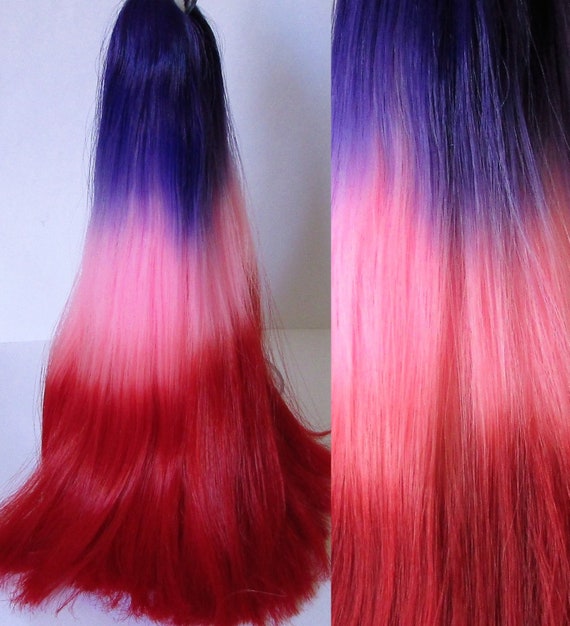 Purple Pink Red Tri Colour Dip Dyed Ombre Nylon Doll Hair For Custom Ooak Rerooting