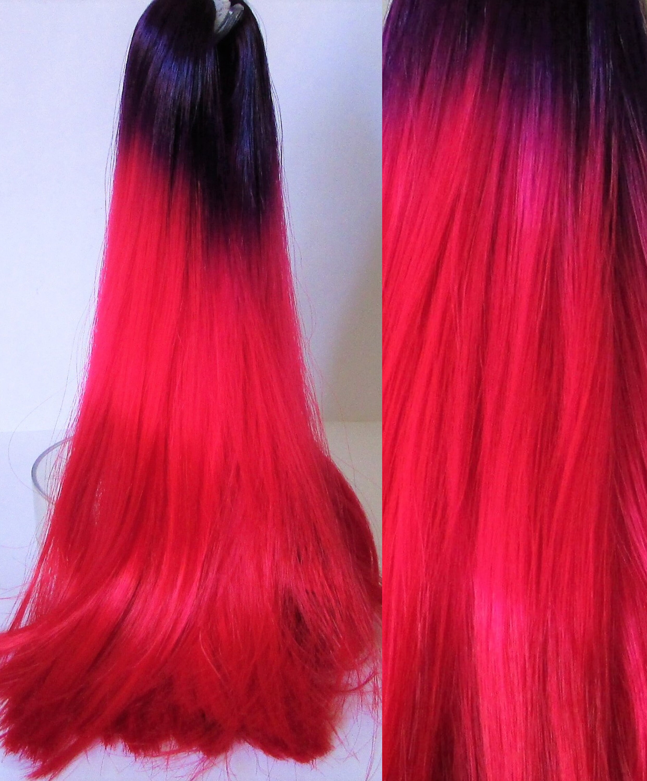 Purple Pink Red Tri Colour Dip Dyed Ombre Nylon Doll Hair For Custom Ooak Rerooting