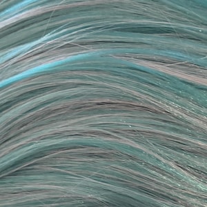 May include: A close-up view of synthetic hair fibres featuring a blend of cool-toned teal, light blue, and silver-grey strands. The fine, straight fibres are arranged in a smooth, flowing pattern, creating a multi-dimensional colour effect.