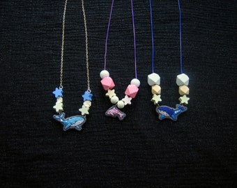 "Sea life" necklaces with embroidery and wooden beads, hand embroidery, marine animals, dolphin, whales, embroidered jewelry