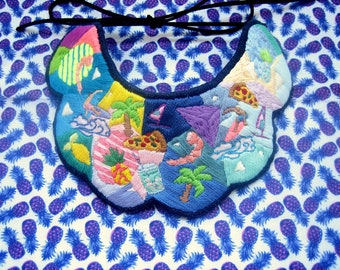 "Day at the beach" embroidered bib necklace
