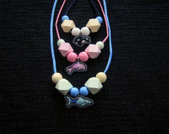 "Candy" necklaces with embroidery and wooden beads, hand embroidery, marine animals, dolphin, orca, shark, embroidered jewelry