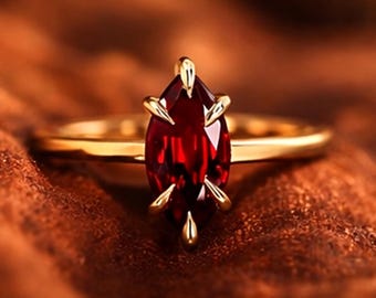 Ruby Marquise Solitaire Ring, Marquise Ruby Verlovingsring, Jubileumcadeau, Sieraden, Elegante Vintage Stijl Edelsteenring