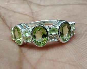 Peridot Ring: Sterling Silver Three Stone Stacking Ring