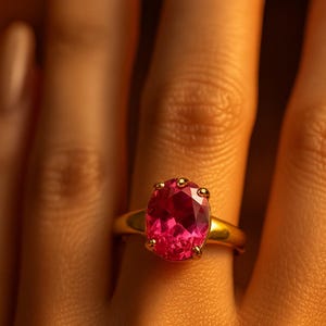 Peut inclure: Une bague en or orn&eacute;e d'une grosse pierre pr&eacute;cieuse rose vif de forme ovale. La pierre est sertie de petites griffes. La bague est port&eacute;e au doigt, avec une peau chaude et &eacute;clair&eacute;e.