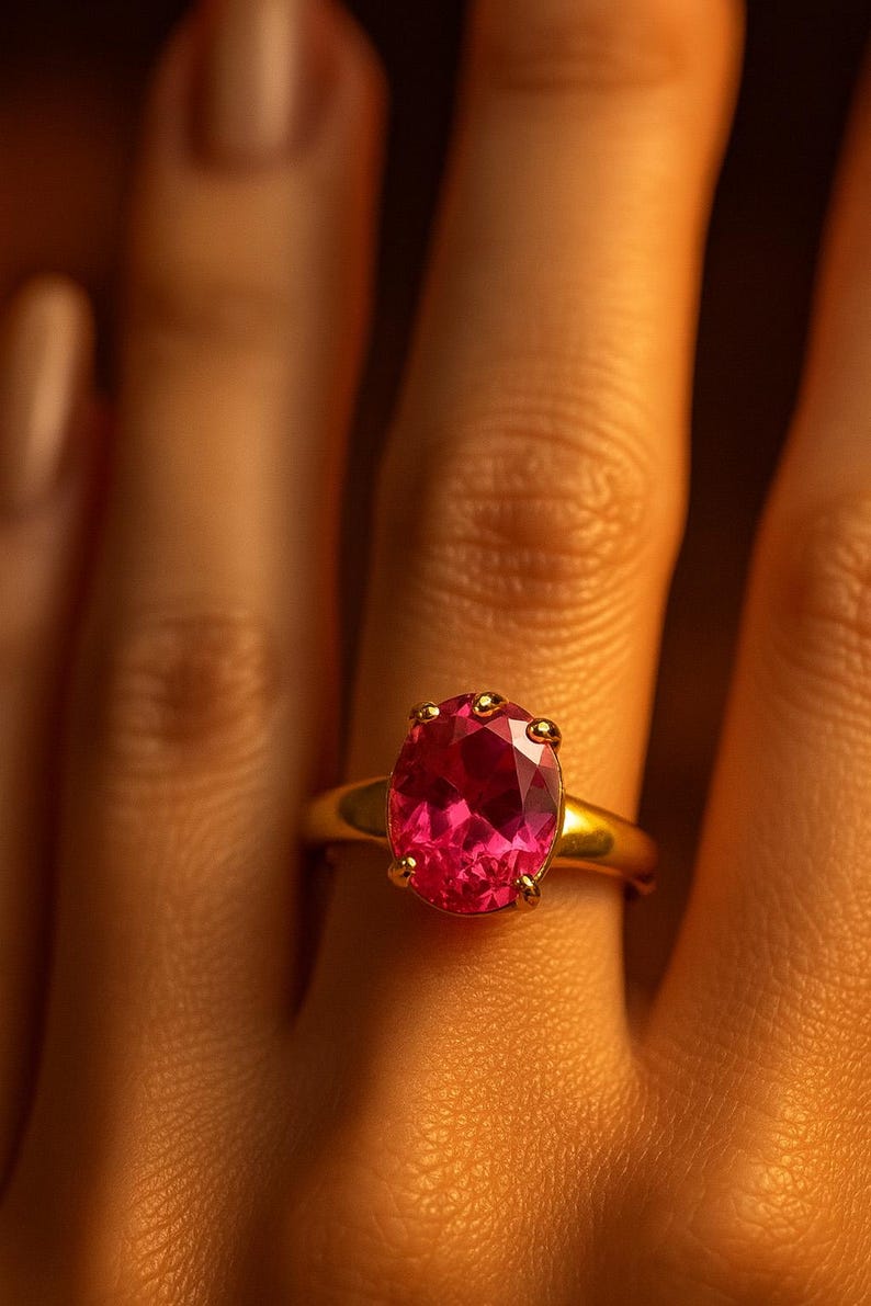 Peut inclure: Une bague en or orn&eacute;e d'une grosse pierre pr&eacute;cieuse rose vif de forme ovale. La pierre est sertie de petites griffes. La bague est port&eacute;e au doigt, avec une peau chaude et &eacute;clair&eacute;e.