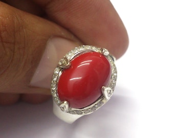 Italian Coral Ring: Oval Red Gemstone, Sterling Silver