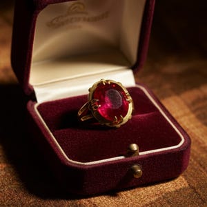 May include: A gold ring with a large, oval, red gemstone is displayed inside a burgundy velvet jewelry box. The ring's setting has a textured, ornate design. The box is open, revealing a cream-colored interior and a gold inscription.